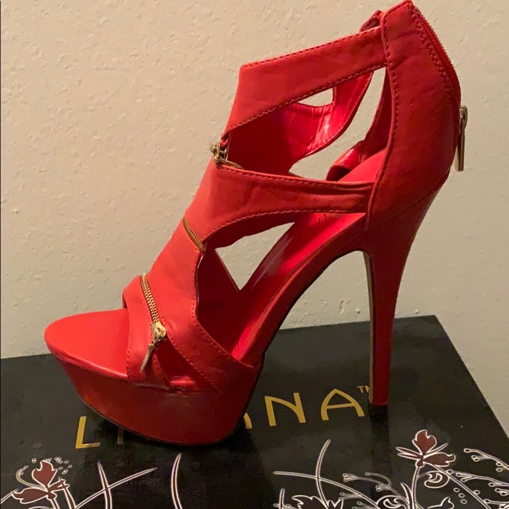 Red Faux Leather Stiletto Heels with Zipper Detail